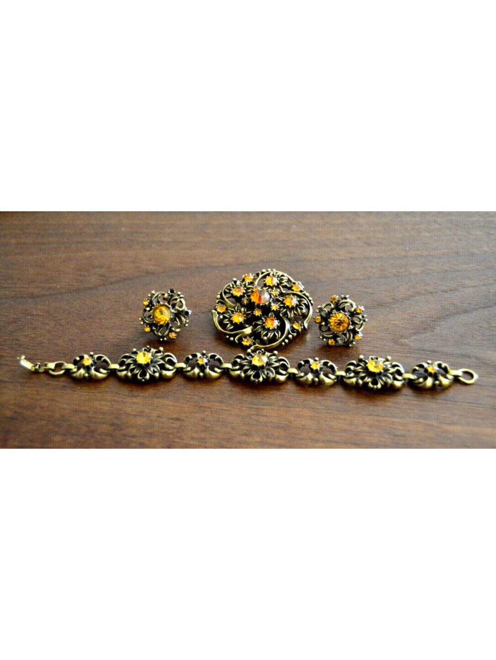Vintage Coro Amber Glass Demi Parure Brooch Bracelet Earrings Set Gold Tone